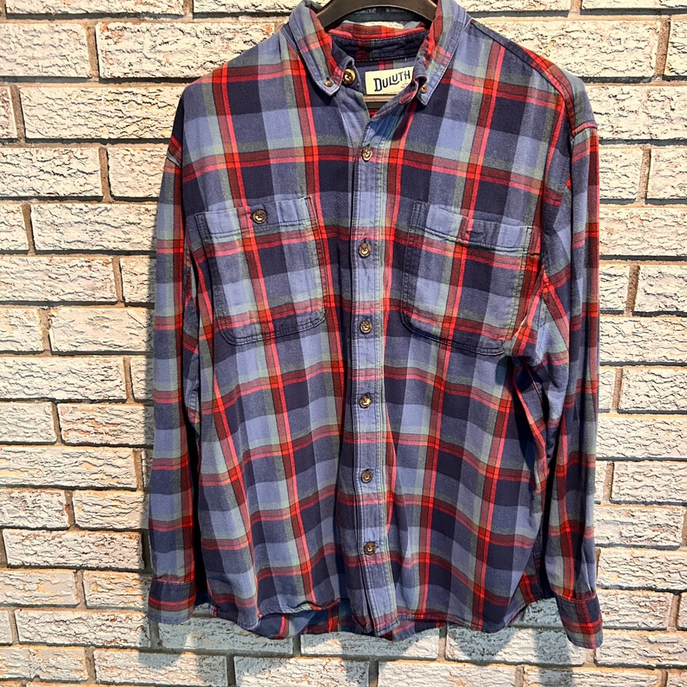 Duluth Trading Co Mens Relaxed Fit Plaid Flannel Shirt Blue Red Large L